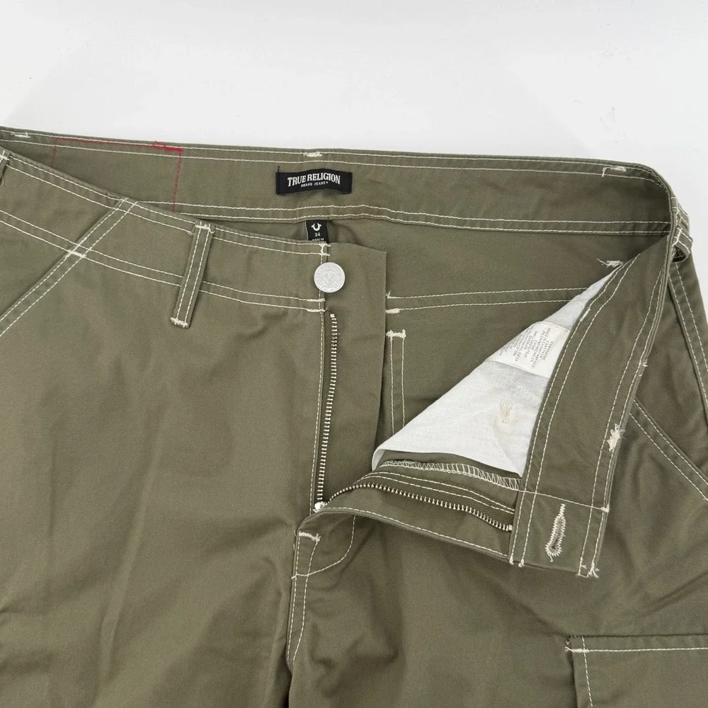 $169 NEW True Religion Kalamata Cargo Pant Men 34 36x32 Olive Green White Stitch